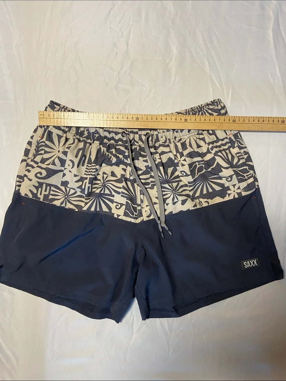 Saxx Men's Navy Swim Trunks with Cream Patterned Waistband